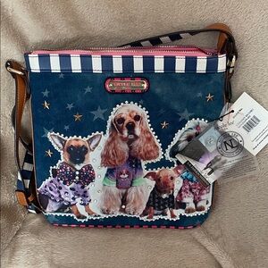 Nicole Lee Navy Dog Print Crossbody Bag with Pink Trim & Stripes